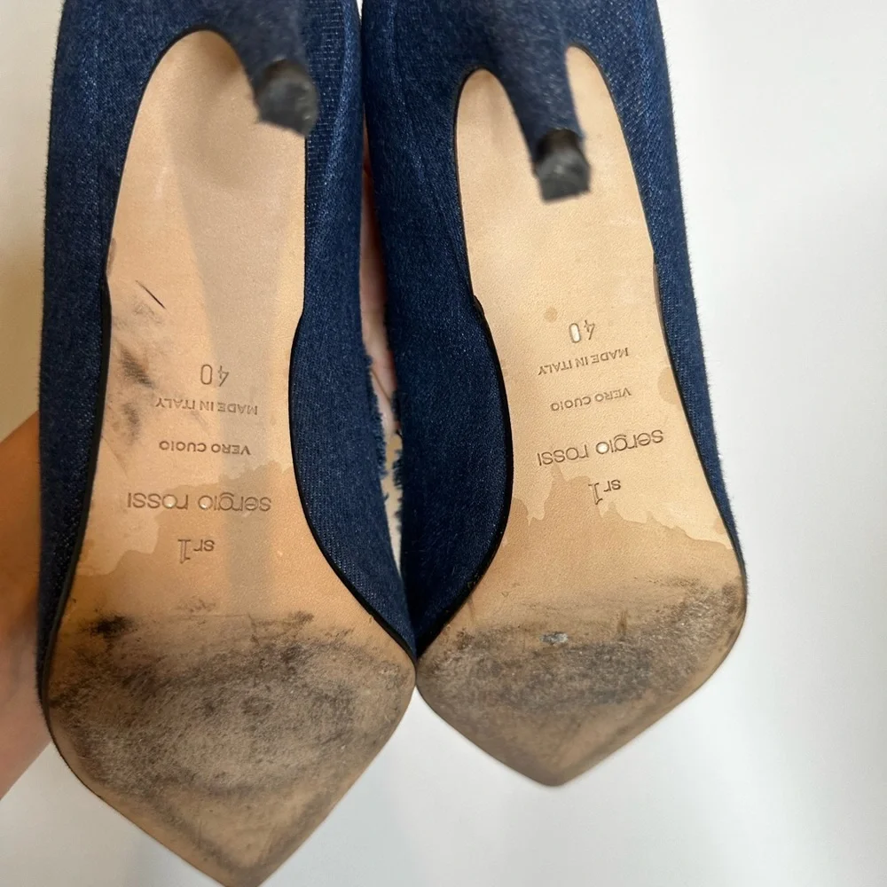Sergio Rossi frayed denim pumps 40 9.40 3” heel heels pump jeans silver metal - Picture 9 of 9